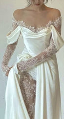 Ivory Lace Satin Wedding Dresses, Off The Shoulder Bridal Dresses