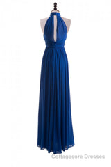 Royal Blue Chiffon Halter Keyhole Long Formal Dress