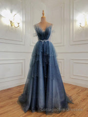 Gray Blue Tulle Beads Long Prom Dress, Blue Tulle Formal Dress