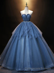 Blue Sweetheart Neck Tulle Long Prom Dress, Blue Evening Dress