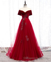 Burgundy Tulle Off Shoulder Long Prom Dress, Burgundy Formal Dress