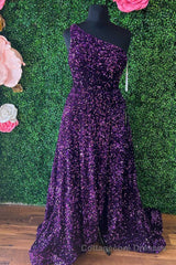 Purple Sequin One-Shoulder Backless A-Line Long Prom Dress