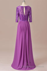 Purple Lace Round Neck Keyhole Back Long Mother of the Bride Dress