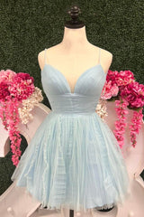 Sky Blue A-line Plunging V Neck Straps Ruffles Homecoming Dress