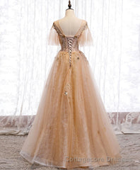 Champagne Round Neck Tulle Lace Long Prom Dress, Formal Dress