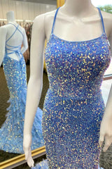 Periwinkle Sequin Lace-Up Mermaid Long Prom Dresses with Feathers