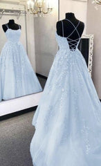 A-Line Light Blue Long Prom Dresses Formal Evening Dresses