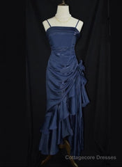 Dark Blue Vintage Floral Elegant Dress Asymmetrical Hem Prom Gown