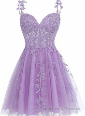 Lavender Tulle Lace Applique Homecoming Dress, Floral Tulle Short Prom Dress