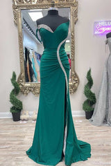 Asymmetrical Green Beaded Mermaid Long Prom Dress with Slit