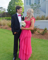 Hot Pink Long Prom Dresses Tulle Formal Evening Dresses