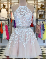 A-Line Pink Tulle Short Party Dress With Appliques