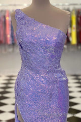 One-Shoulder Sequins Long Prom Dress with Floral Appliques