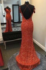 Red Sequin Off-the-Shoulder Mermaid Long Prom Dress with Slit