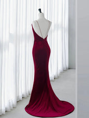 Simple Velvet Mermaid Burgundy Long Prom Dresses, Burgundy Long Formal Dresses