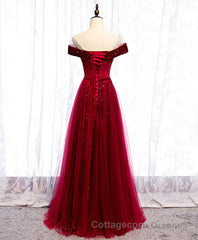 Burgundy Round Neck Tulle Sequin Long Prom Dress, Tulle Formal Dress