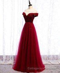 Burgundy Round Neck Tulle Sequin Long Prom Dress, Tulle Formal Dress