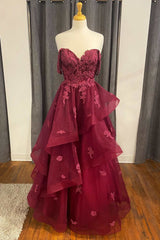 Wine Floral Lace Strapless A-Line Tiered Prom Dresses