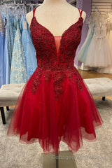 Red Plunging V Neck Lace-Up Appliques Tulle Homecoming Dress