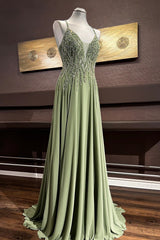 Dusty Sage Beaded Cross Back V Neck Seqins-Embroidery Long Prom Dress