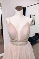 Blushing Pink A-line Plunging V Neck Tulle Long Prom Dress with Beaded Sash