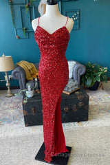 Red Sequin Cowl Neck Lace-Up Back High-Low Prom Dress