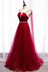 Burgundy Prom Dresses, Spagetti-Strap Sleeveless Prom Dresses Tulle Ruffles with Beadings