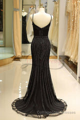 Mermaid Spaghetti Strap Black Beading Long Prom Dress