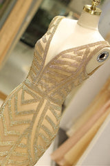 Elegant Mermaid Deep V Neck Gold Beaded Formal Evening Dress