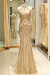 Mermaid High Neck Gold Beaded Long Formal Evening Dress