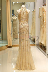 Mermaid High Neck Gold Beaded Long Formal Evening Dress