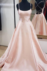 Pink Straps Long Prom Evening Dresses with Criss Back