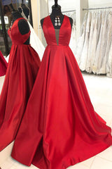 Simple A-Line Satin Red Long Prom Dresses