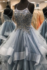 Elegant Lace-Up Cascading Ruffles Blue Tulle Prom Dresses