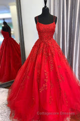 Princess Straps Long Prom Dress with Lace Appliques