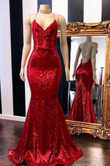 Mermaid Criss Back Red Sequins Long Prom Dresses