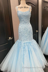 Straps Mermaid Light Blue Lace Appliqued Long Prom Dress