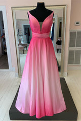 Elegant A-Line Pink Ombre Long Prom Dresses