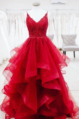 Elegant V Neck A-Line Beaded Red Long Prom Dresses