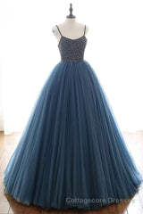 Navy Blue Ball Gown - Spaghetti Straps Beaded Bodice