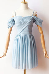 Pleated Short Blue Chiffon Party Dresses