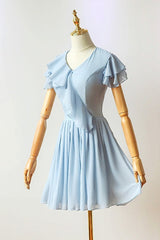 Flutter Sleeves Blue Chiffon Short Homecoming Dress