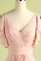 Elegant V Neck Pleated Pink Bridesmaid Dress with Ruffles