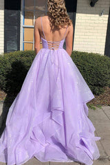 Princess Lavender Tiered Spaghetti Straps Long Prom Dresses