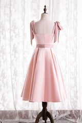 Knee Length Pink Satin Party Dress with Tie Shoulders