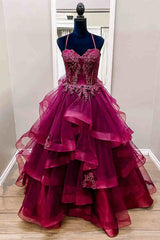 Raspberry Red Halter Long Prom Dresses