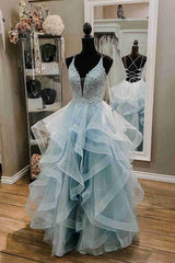 Straps Light Sky Blue Prom Dresses with Ruffles