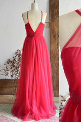 A-Line Halter Hot Pink Long Bridesmaid Dress