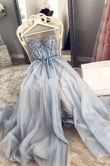 A-Line Grey Beaded Top Prom Dresses with Slit