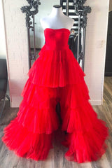 Strapless High Low Tiered Red Tulle Prom Dress